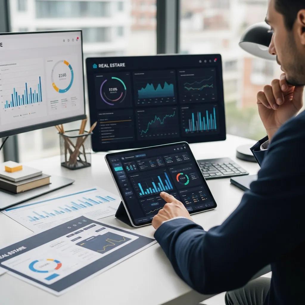 Investor reviewing predictive analytics on a tablet to forecast market trends