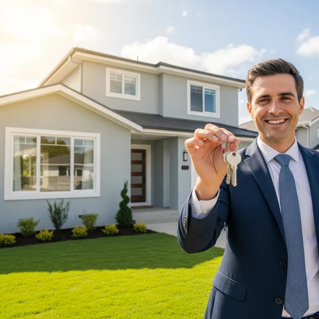 Investor in front of a renovated home, celebrating a successful project using hard money financing