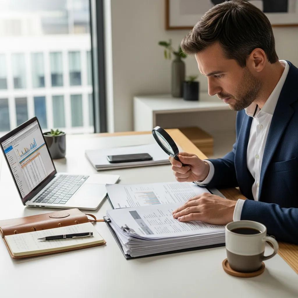 Investor reviewing property documents at a desk