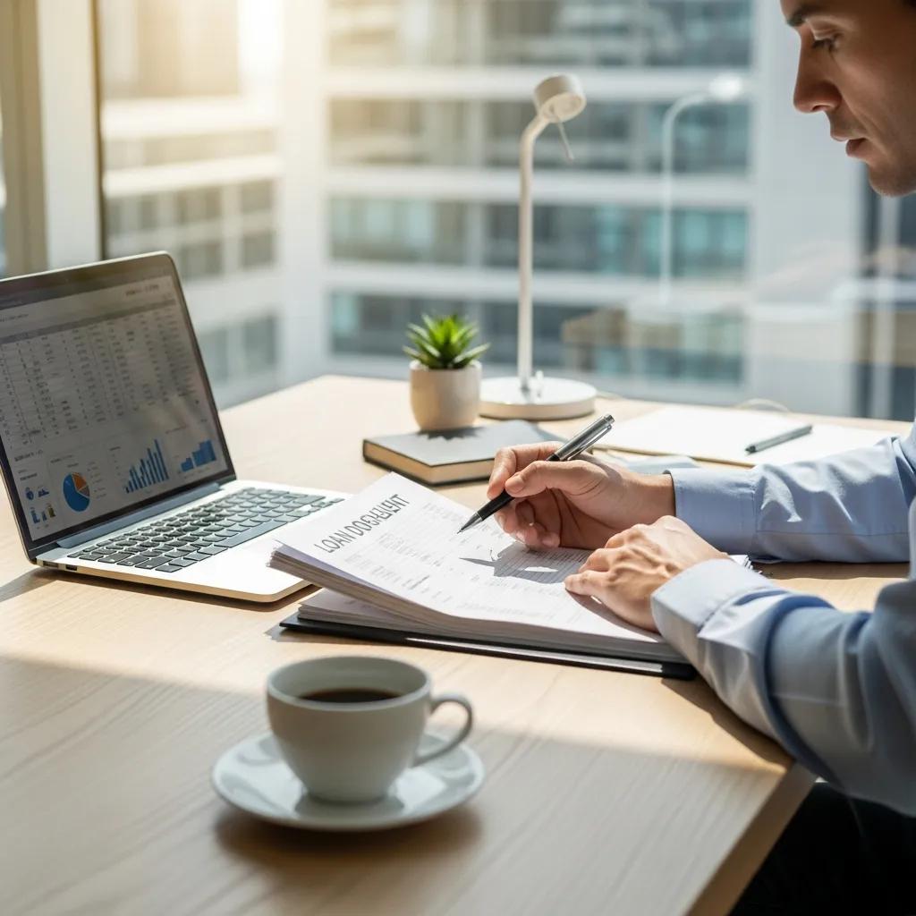 Investor organizing loan paperwork and planning repayment