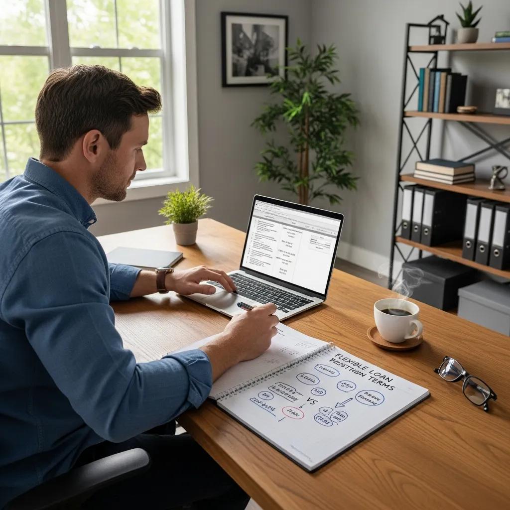 Investor reviewing loan terms on a laptop in a home office