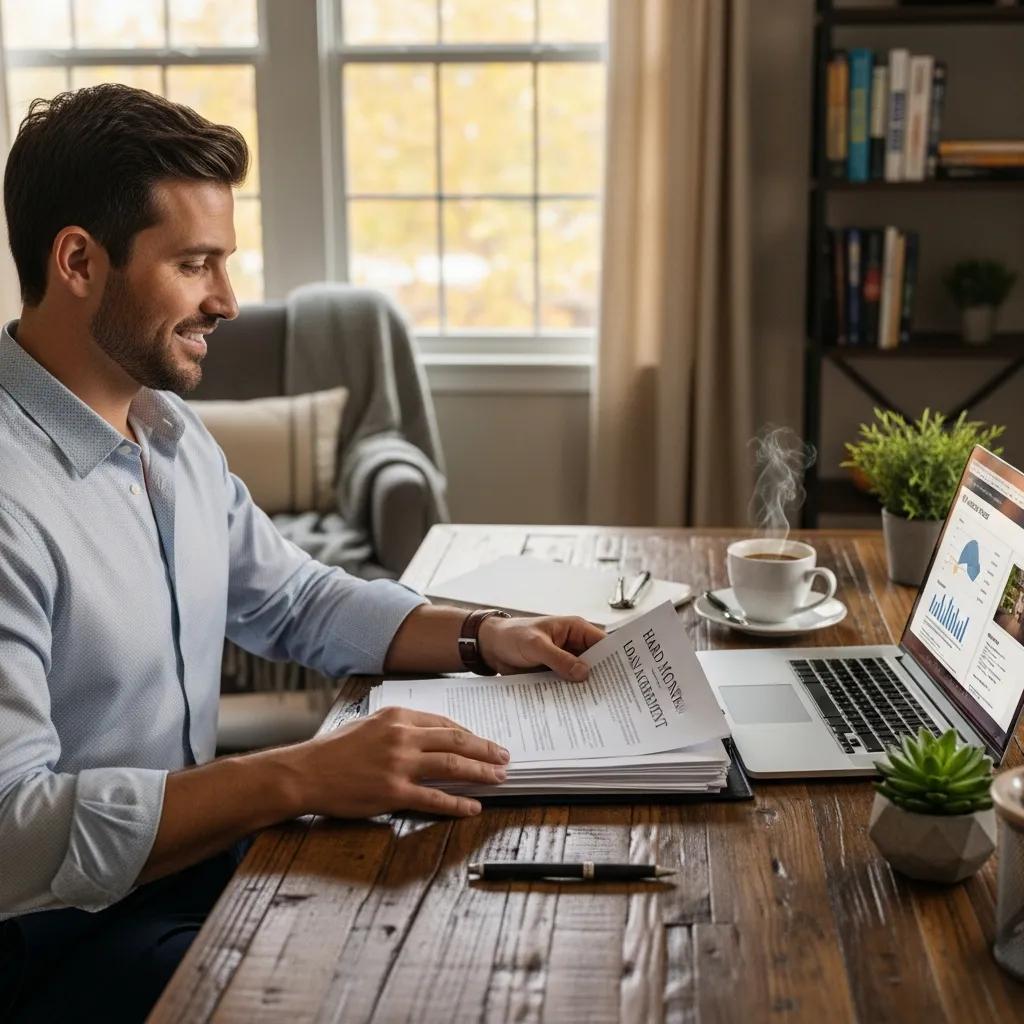 Investor reviewing hard money loan documents at a desk