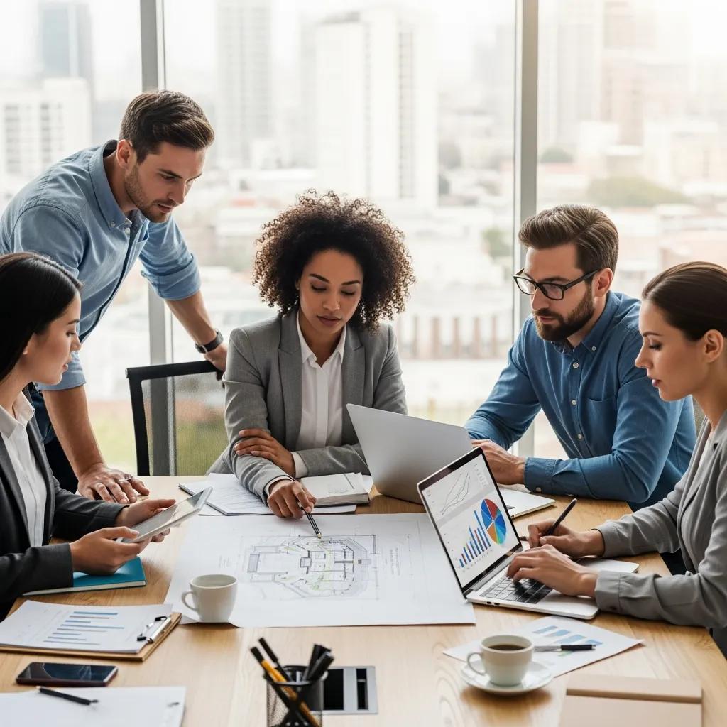 Team reviewing office property plans, highlighting equity-based loan approvals