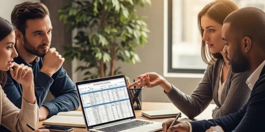 Investors discussing commercial property financing in a modern office setting