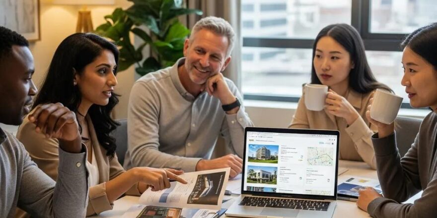 Investors discussing commercial real estate strategies in a modern office