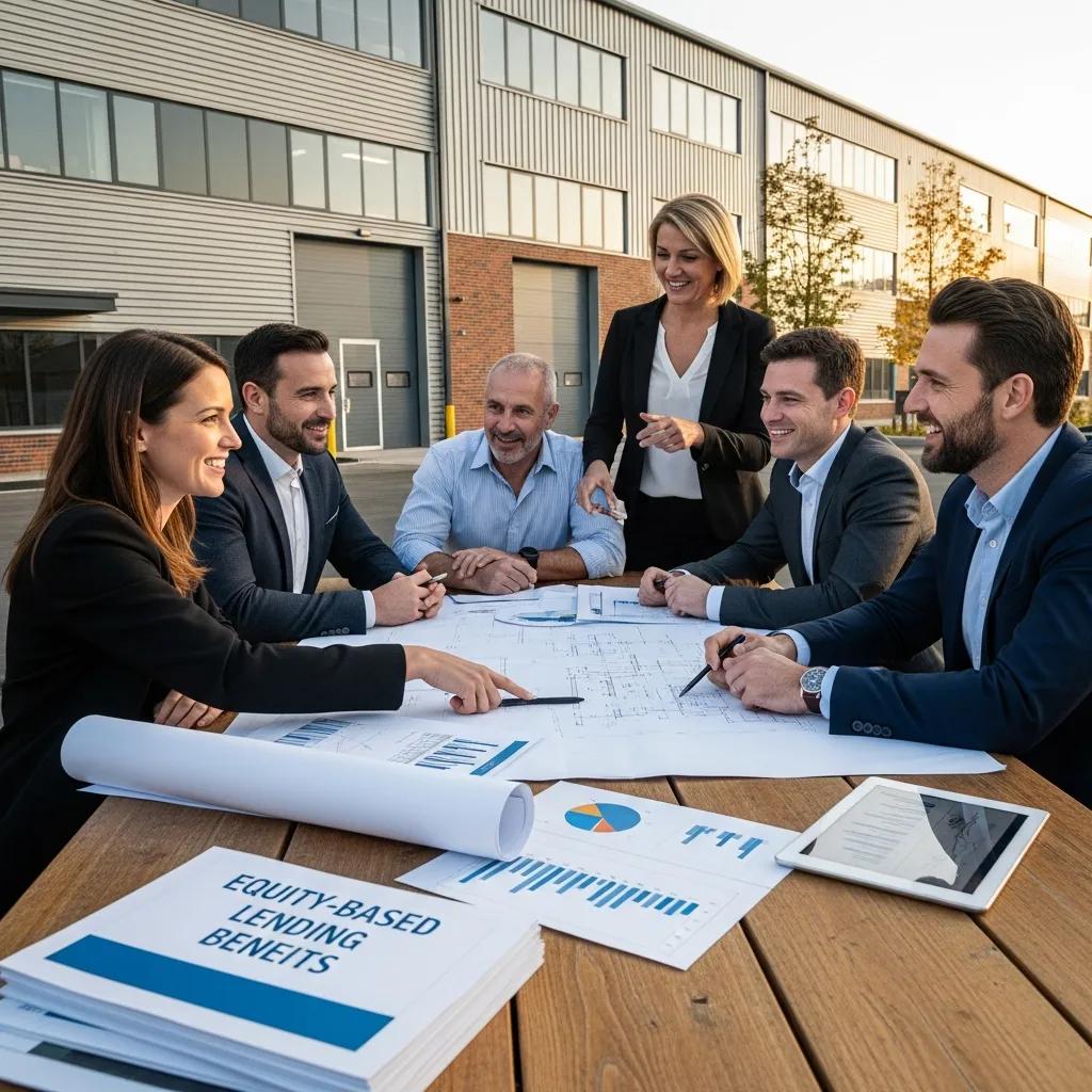 Two investors reviewing an industrial property and discussing equity‑based lending benefits