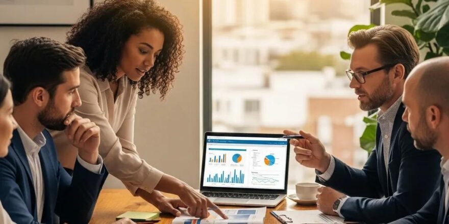 Investors discussing real estate opportunities in a modern office setting