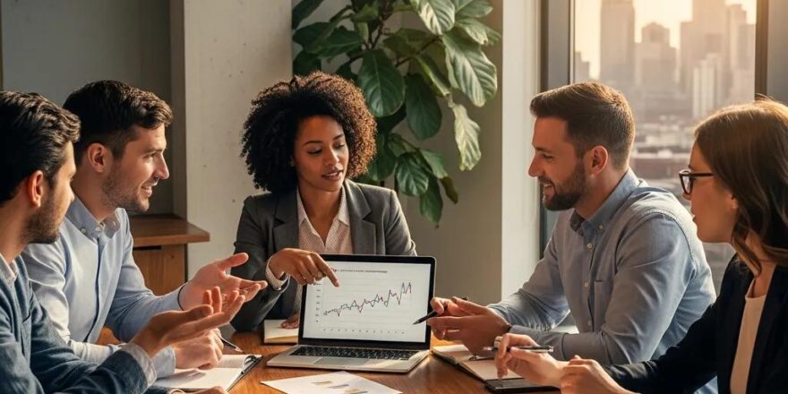 Investors discussing real estate opportunities in a modern office with property documents and a city skyline view