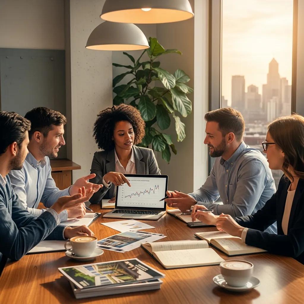 Investors discussing real estate opportunities in a modern office with property documents and a city skyline view