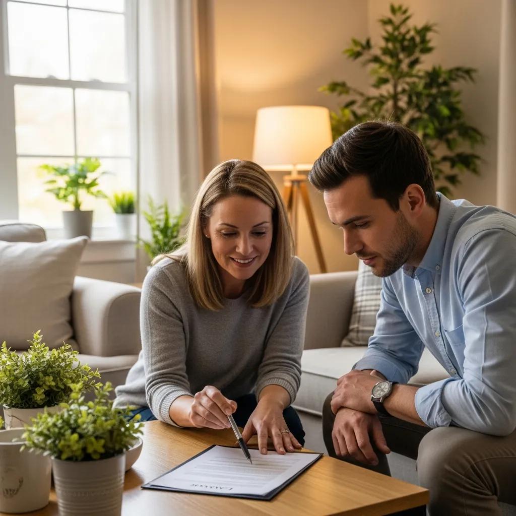 Landlord and tenant reviewing a lease agreement in a comfortable living room