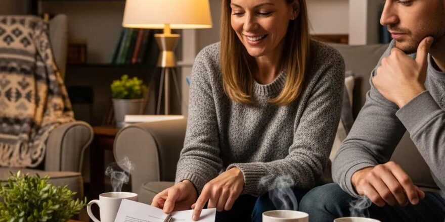 Landlord and tenant discussing a lease agreement in a cozy living room
