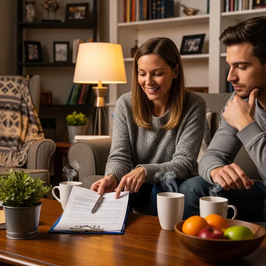 Landlord and tenant discussing a lease agreement in a cozy living room