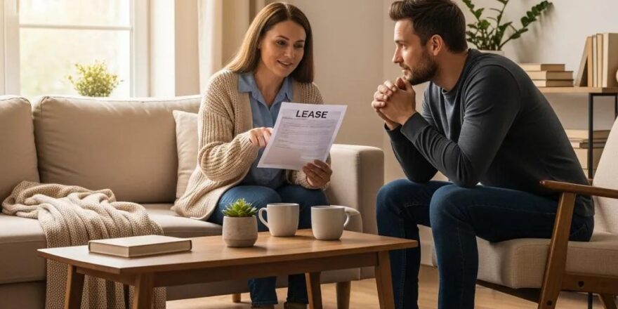 Landlord and tenant discussing lease agreement in a cozy living room