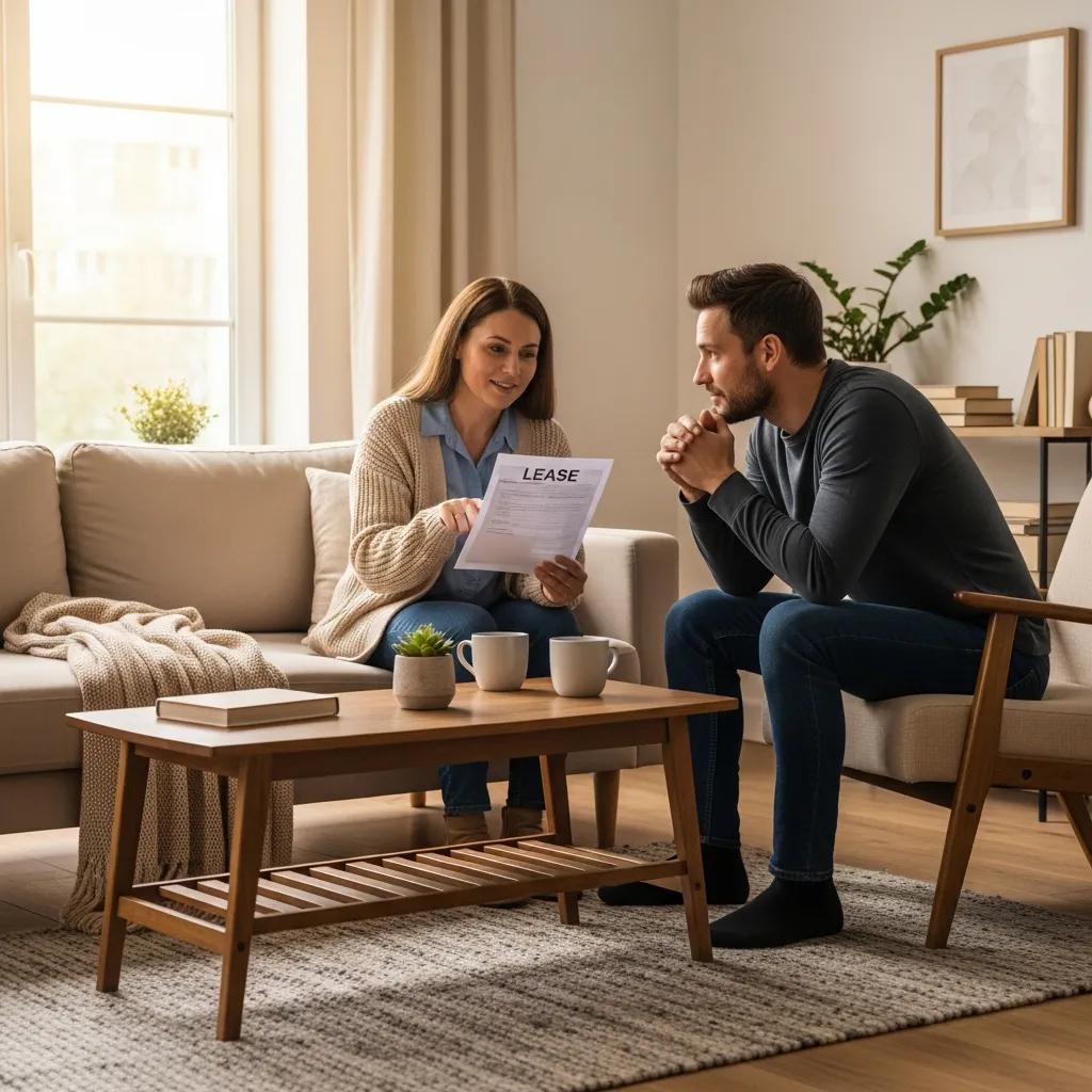 Landlord and tenant discussing lease agreement in a cozy living room