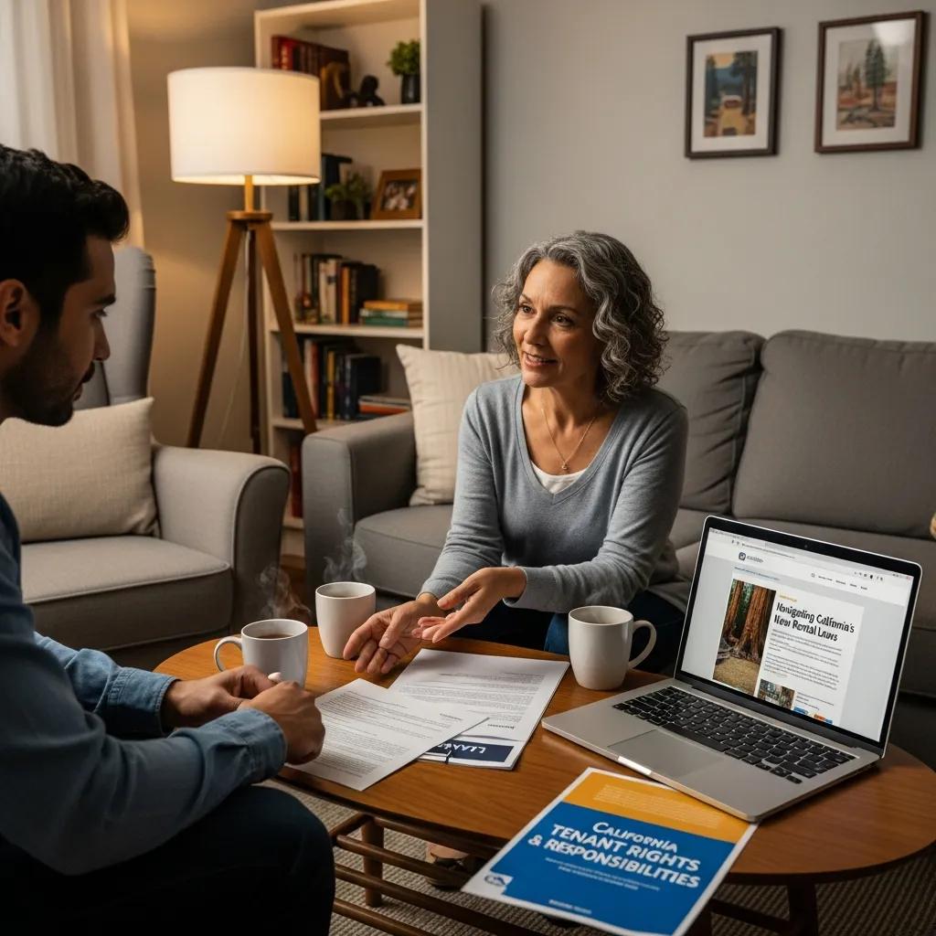 Landlord and tenant reviewing a lease in a living room — reflecting tenant protections and new requirements