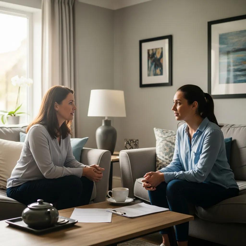 Landlord and tenant having a respectful conversation in a living room
