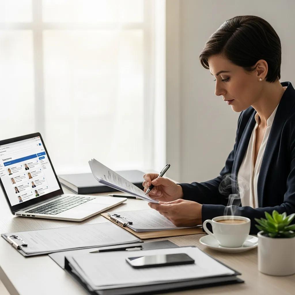 Landlord reviewing tenant applications at a desk