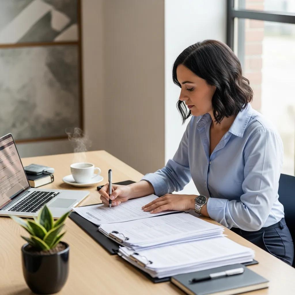 Landlord checking tenant applications with paperwork and laptop