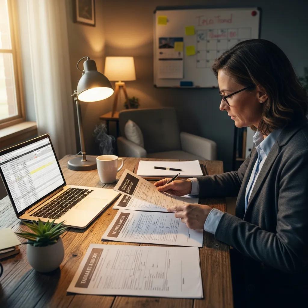 Landlord reviewing tenant applications at a desk, checking documents and credit information