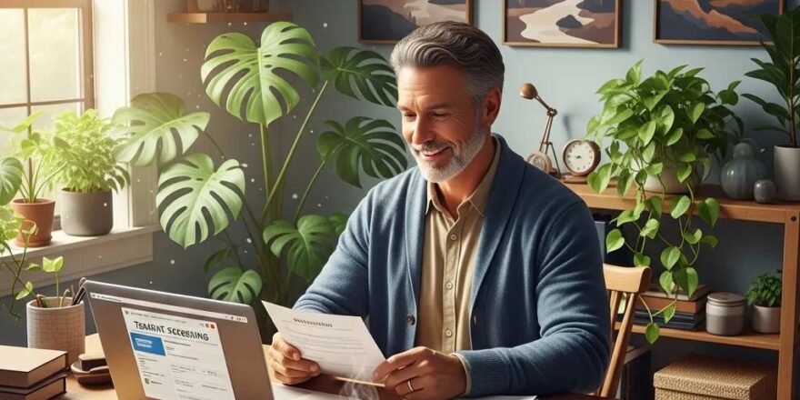 Landlord reviewing tenant applications in a cozy office, highlighting the importance of tenant screening