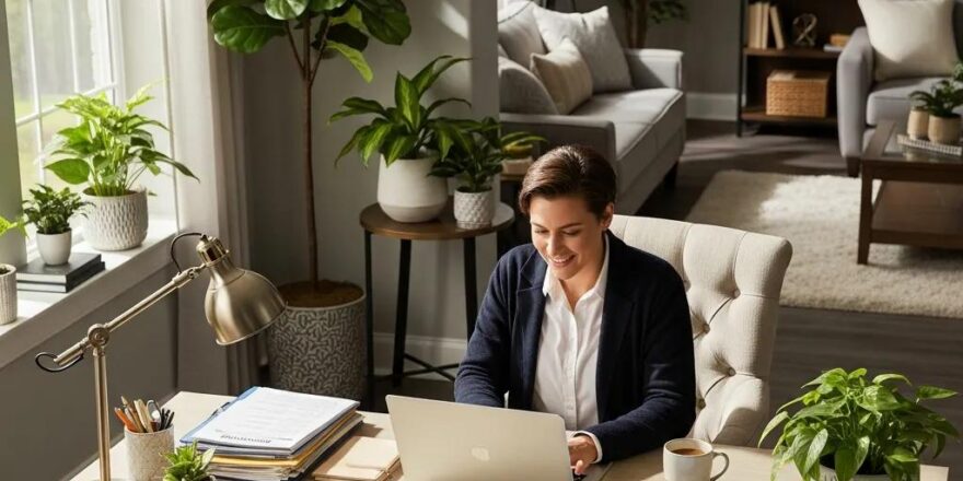 Landlord working on rental property management software in a cozy home office