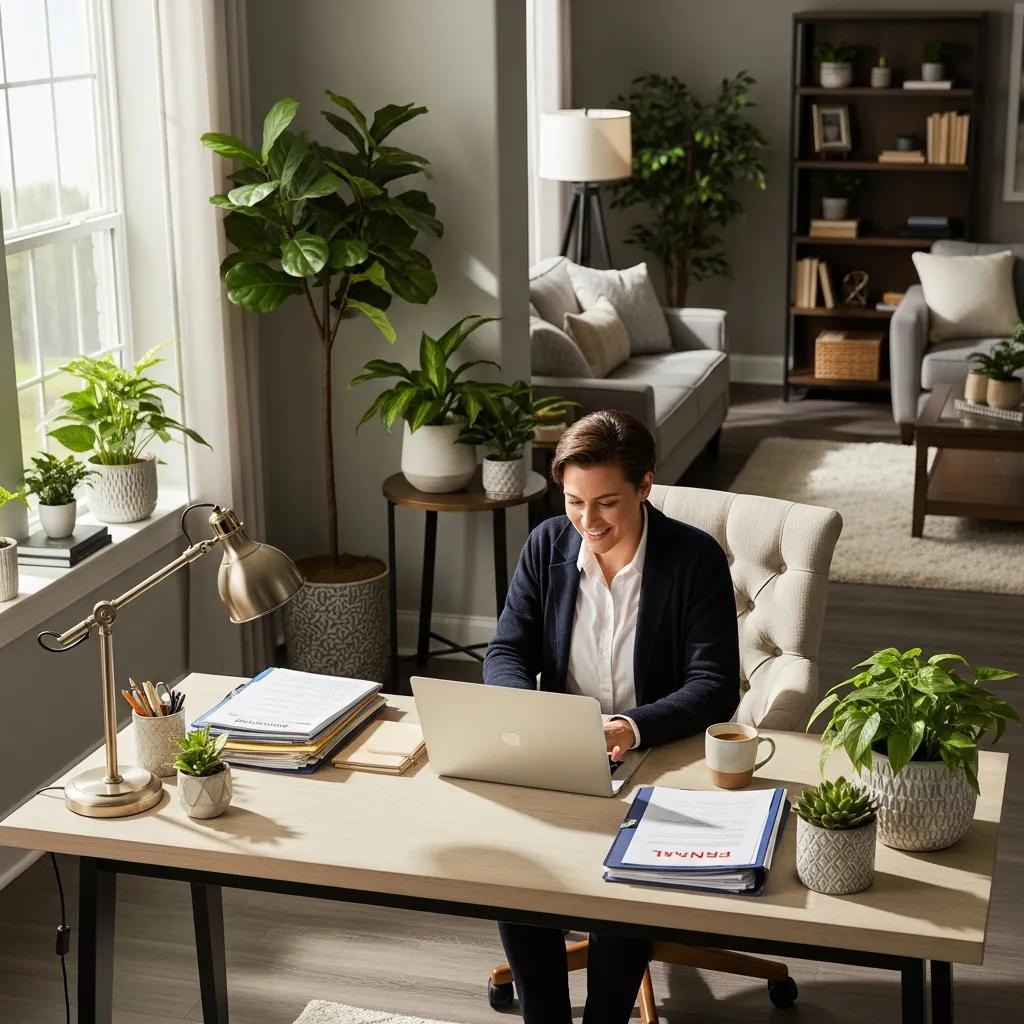 Landlord working on rental property management software in a cozy home office