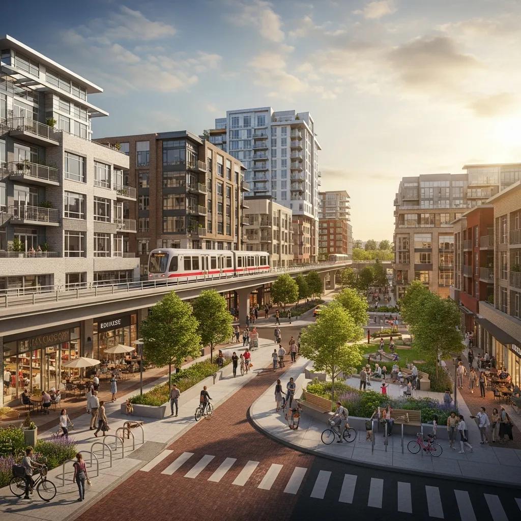 A mixed-use, walkable neighborhood near transit with retail and residences, demonstrating transit-oriented development benefits