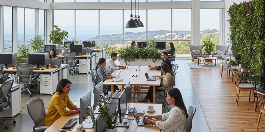 Modern California office space with natural light and collaborative workstations