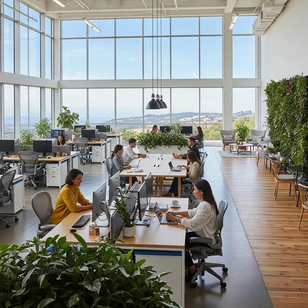 Modern California office space with natural light and collaborative workstations