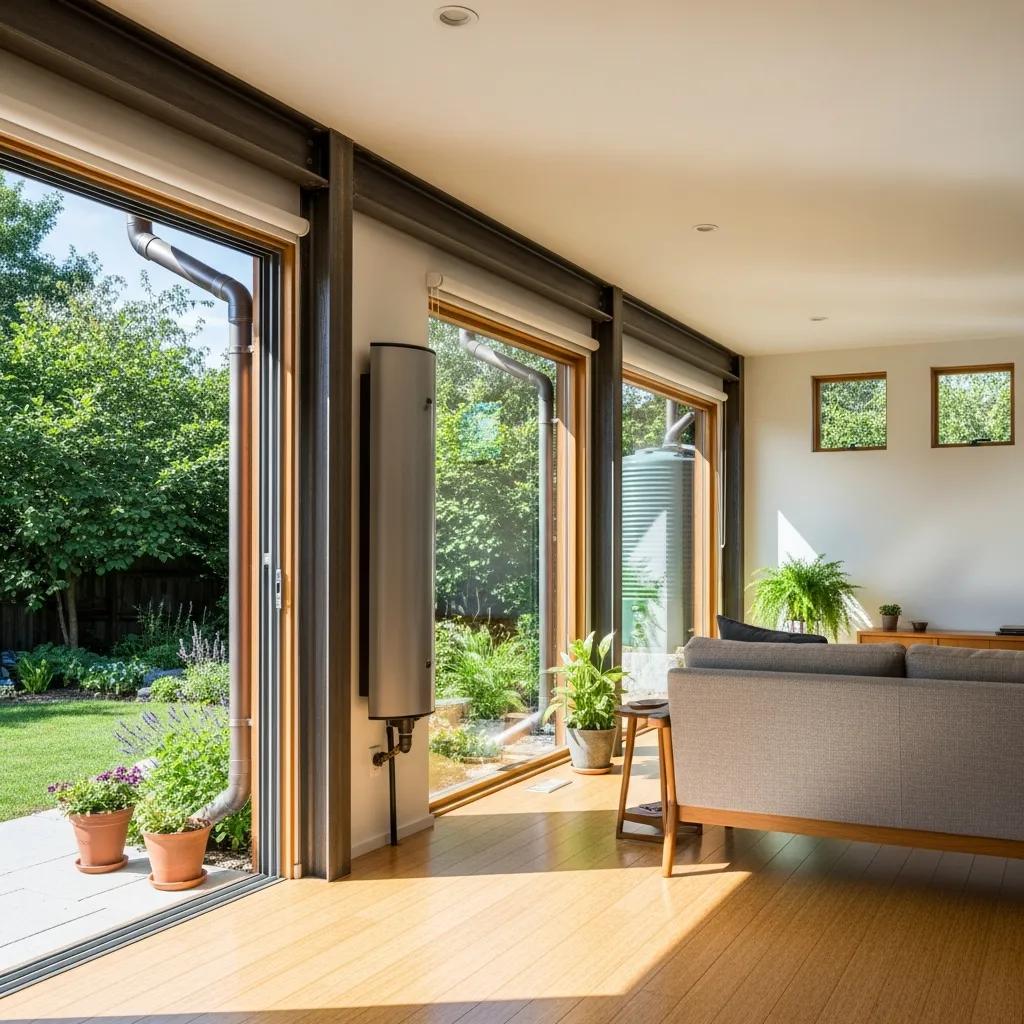 Modern interior using recycled and low-impact materials, with water-saving fixtures visible