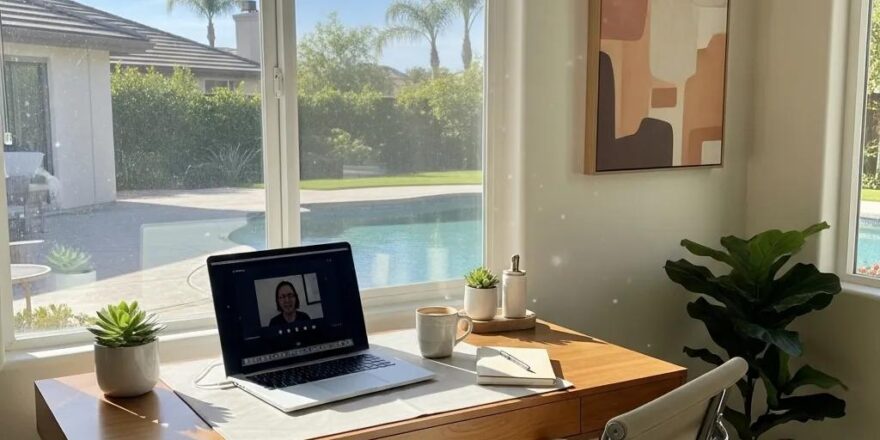 Modern home office in a California suburb emphasizing remote work lifestyle