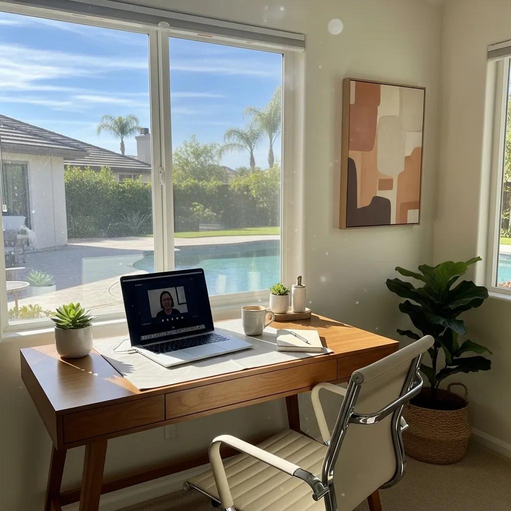 Modern home office in a California suburb emphasizing remote work lifestyle