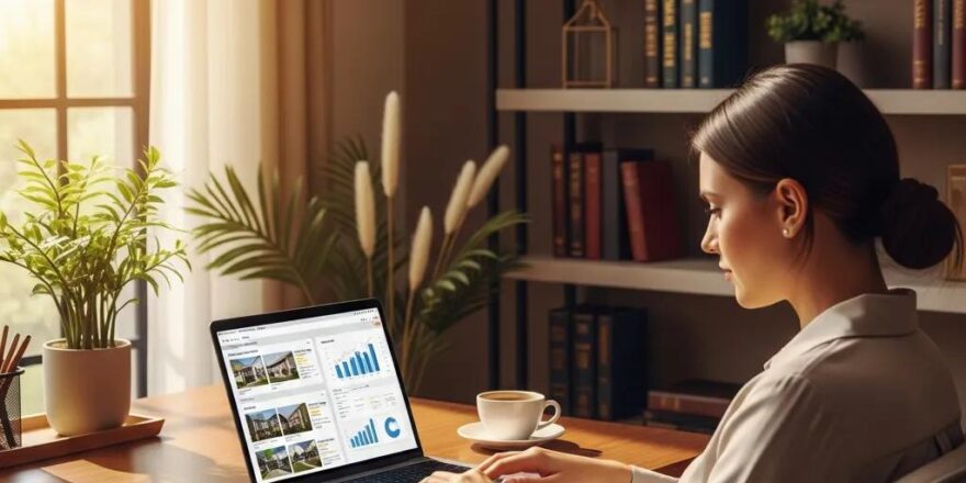 Modern real estate investor in a cozy home office reviewing property listings on a laptop