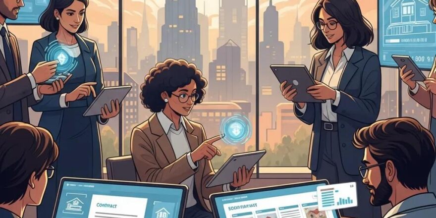 Modern real estate transaction showcasing blockchain technology with diverse individuals and digital devices