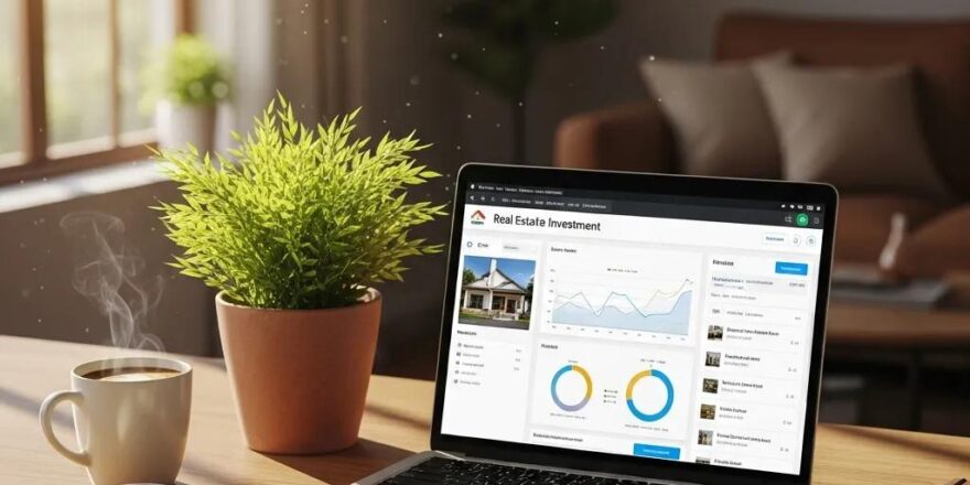 Modern workspace with laptop and real estate investment tools, conveying productivity