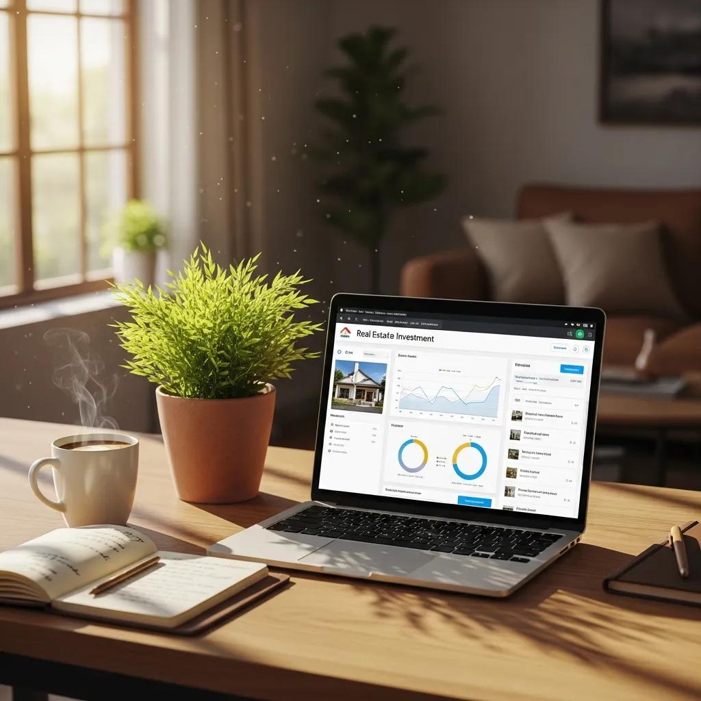 Modern workspace with laptop and real estate investment tools, conveying productivity