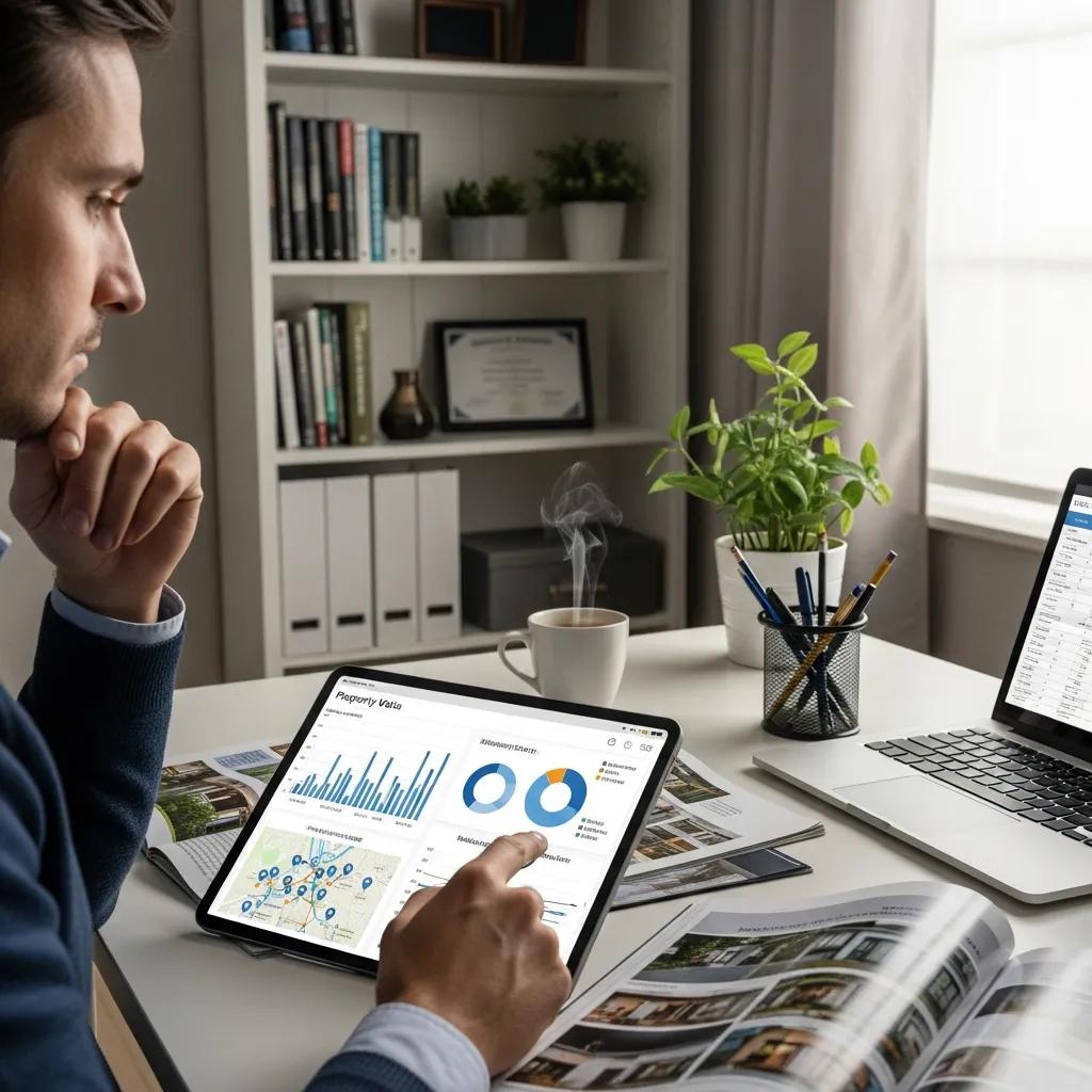 Investor reviewing property data on tablet in a home office