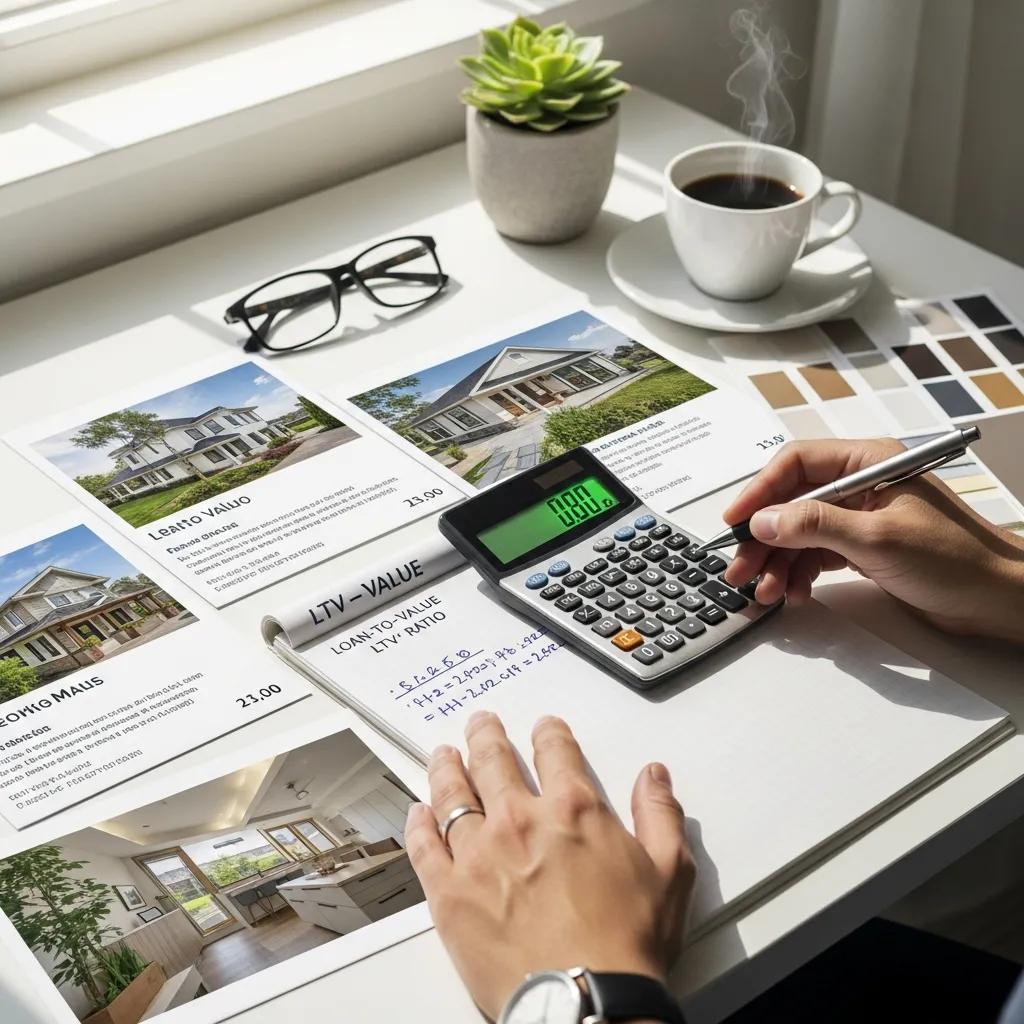 Investor calculating LTV with property listings and renovation plans