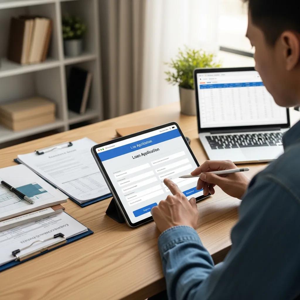 Applicant completing an online hard-money loan form with supporting documents