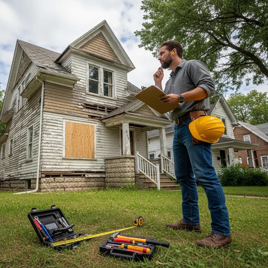 Agent inspecting a distressed residence with a clipboard