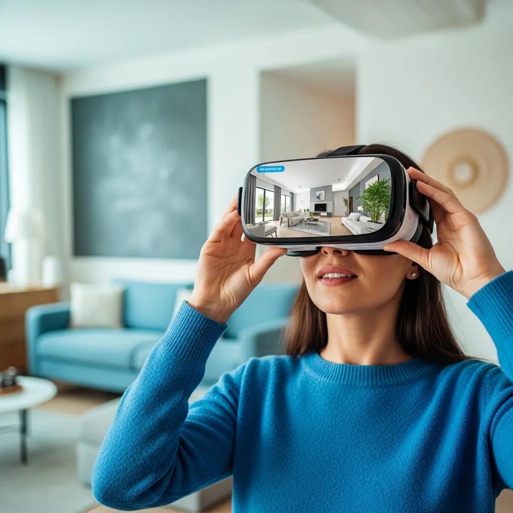 Person using a virtual reality headset in a modern real estate setting, showcasing immersive property tours