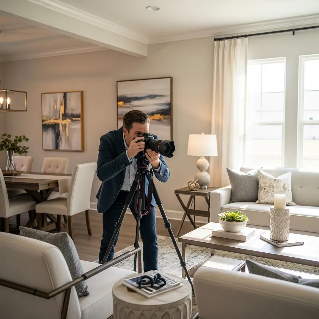 Photographer shooting a staged rental interior to showcase layout and finishes