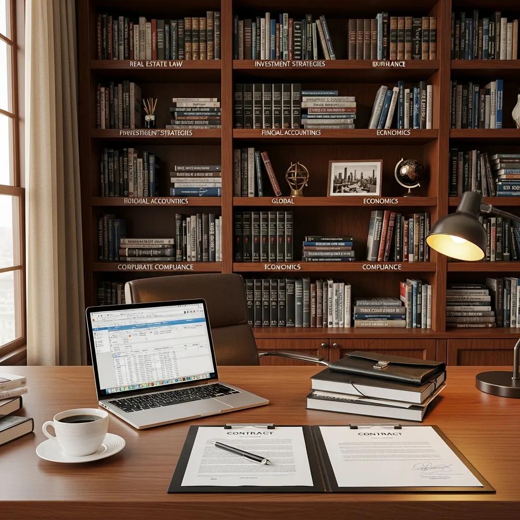 Workspace with legal books and compliance paperwork