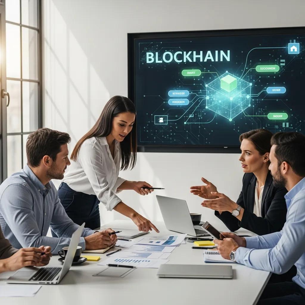 Professionals collaborating over a real estate transaction with blockchain concepts shown