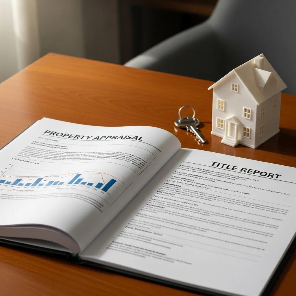 Property appraisal, title report, and keys on a desk