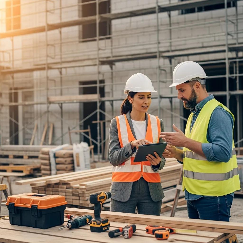 Property manager and contractor reviewing maintenance plans on site