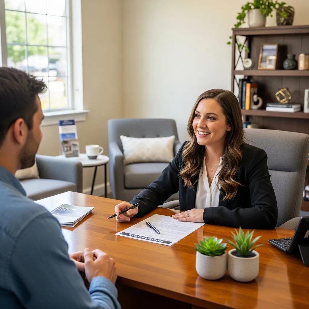 Property manager interviewing a prospective tenant in a bright office