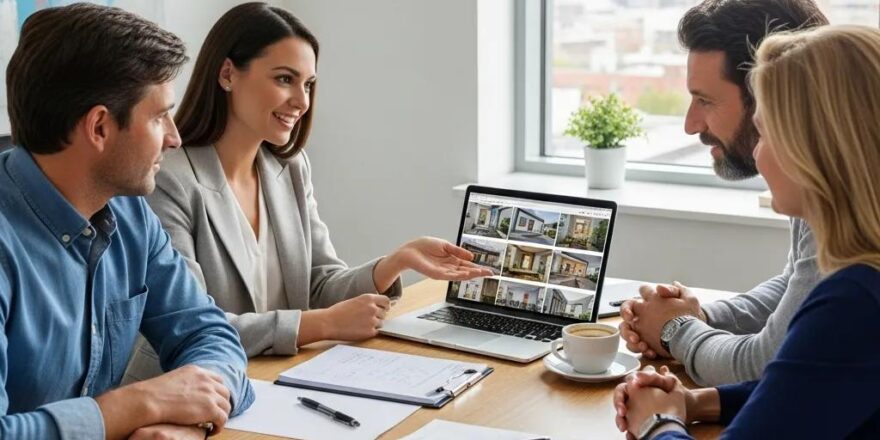 Real estate agent assisting clients with CRM tools in a modern office