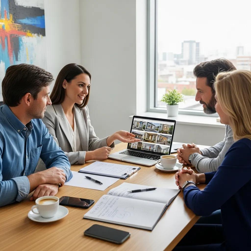 Real estate agent assisting clients with CRM tools in a modern office