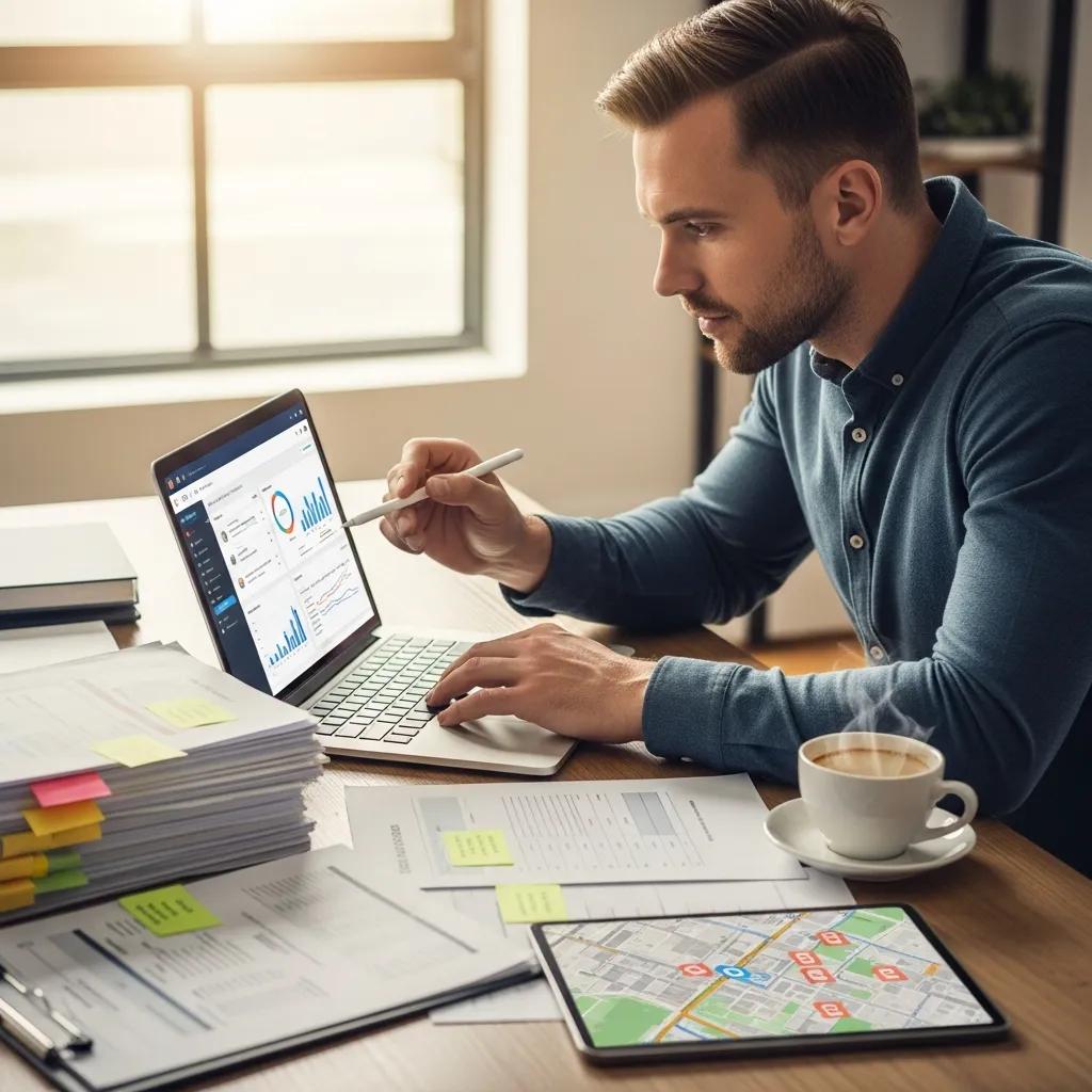 Real estate investor reviewing financial data on a laptop with documents